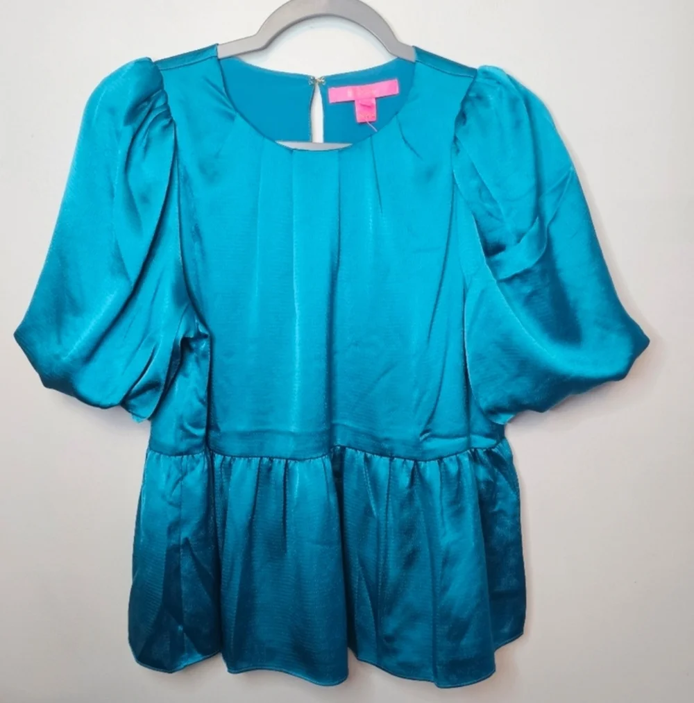 ​NWT Lilly Pulitzer Blakelynn Blue Rhapsody Puff Sleeve Blouse Peplum Top 2